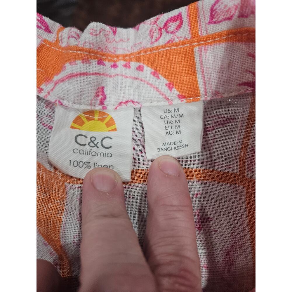C&C California 100% Linen Shirt M Flamingo Palm Tree MOP Buttons Tropical - Picture 2 of 7
